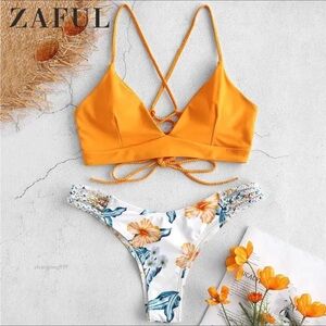 Zaful golden yellow & white floral print Bikini size 4 Small NWOT buttery soft